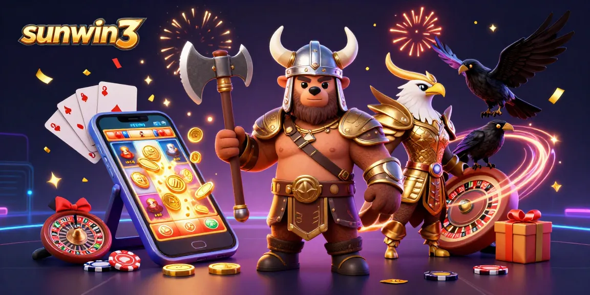 Engage with sunwin3 in this vibrant 3D digital casino scene showcasing lively game elements and characters.