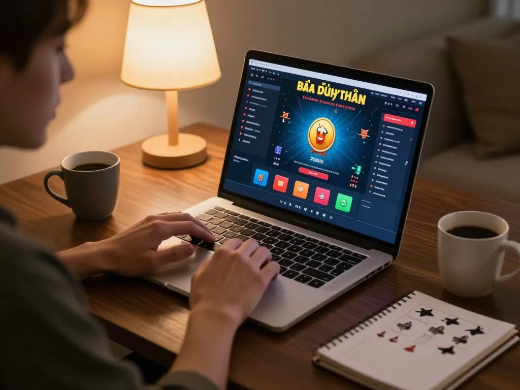 Excited player enjoys game bài đổi thưởng on laptop with betting strategies nearby
