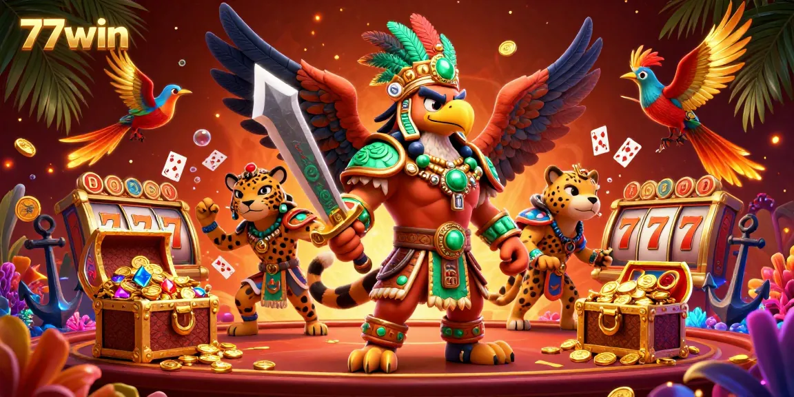 Engage in thrilling gameplay with 77win's luxurious casino experience featuring colorful 3D characters.