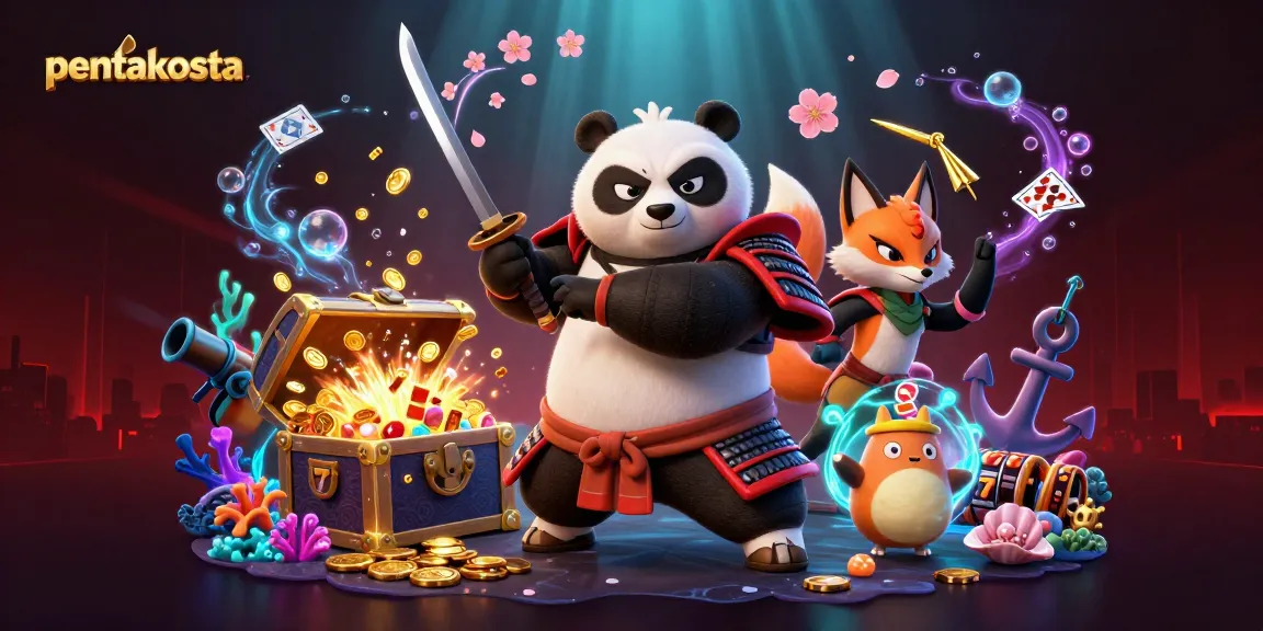 Experience pentakosta with a fierce samurai panda, ninja fox, and treasure elements in this 3D casino scene.