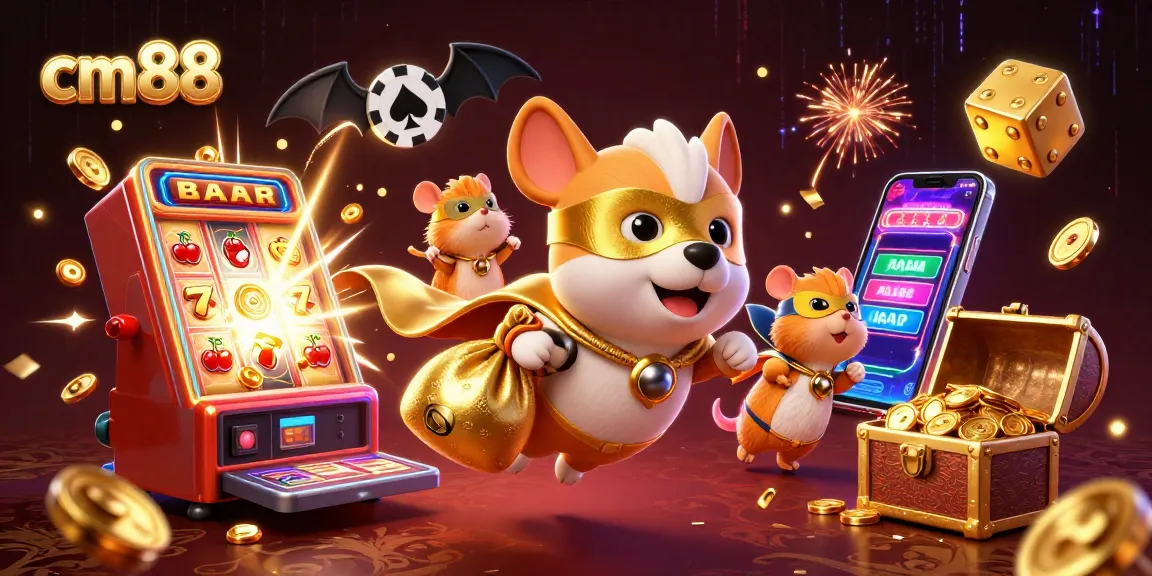 Experience excitement at cm88 with a hero dog flying amidst gambling elements and slot machines.