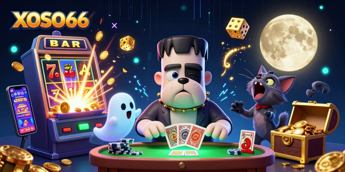 XOSO66 showcases a thrilling casino scene with a 3D bulldog dealer and jackpot excitement.