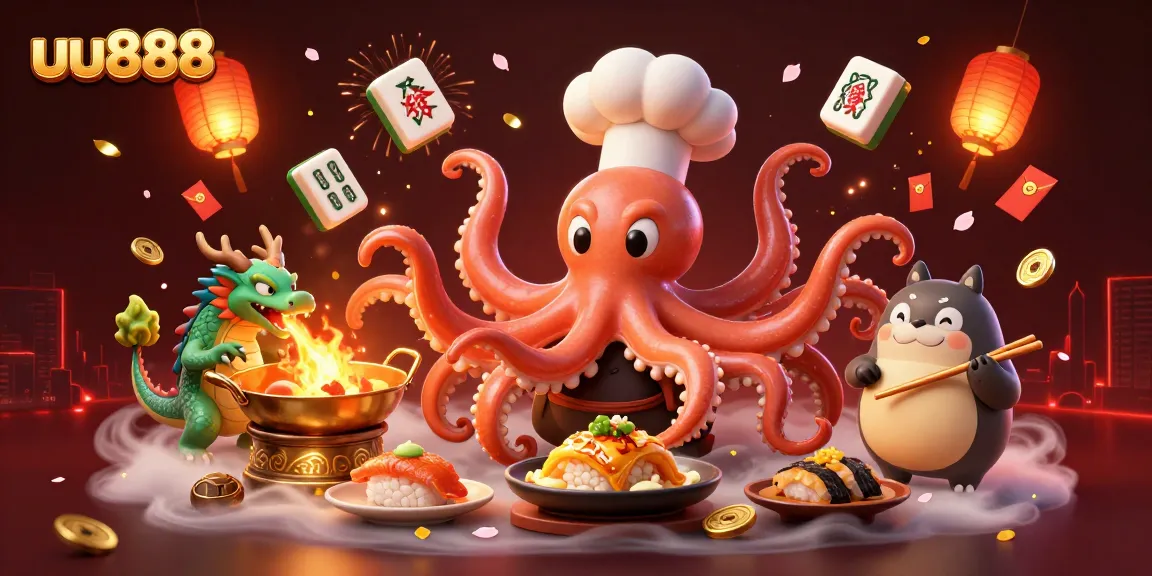 Engage in the vibrant atmosphere of uu888 with a sushi chef octopus, a dragon, and a tanuki surrounded by casino elements.
