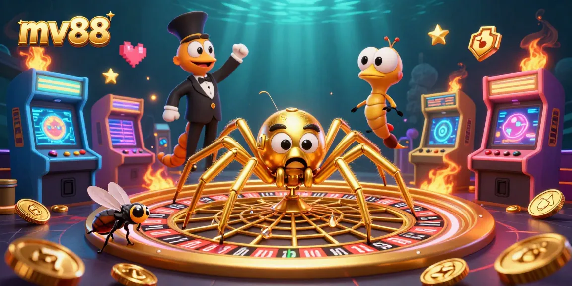 Betting excitement with mv88 as a golden spider spins a roulette web in a vibrant casino scene.