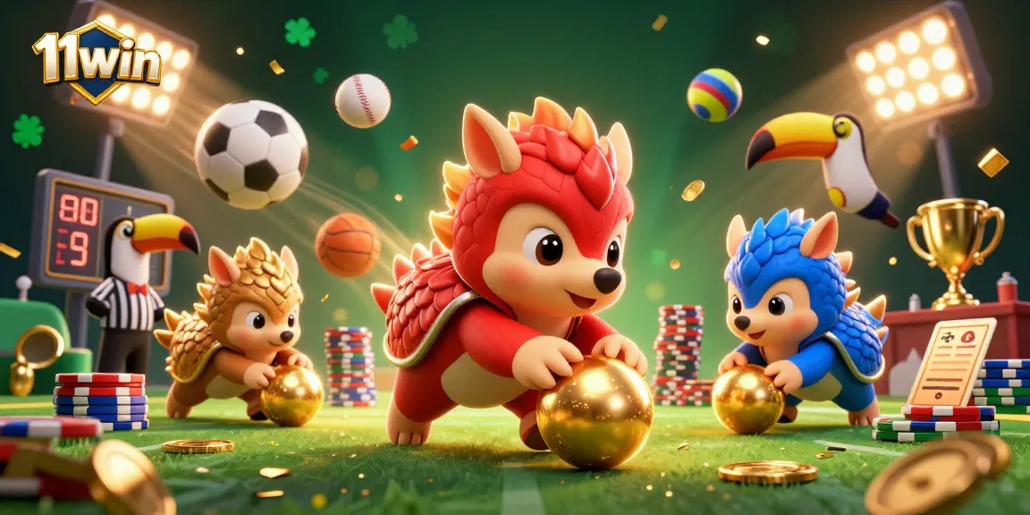 11win pangolins competing in a vibrant casino-themed scene filled with sports elements and excitement.