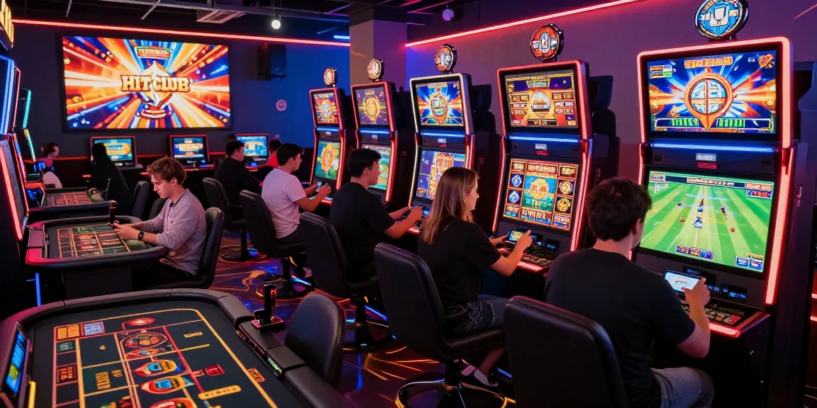 Gamers engaged at HITCLUB, showcasing online casino excitement with vibrant graphics and live dealer interactions.