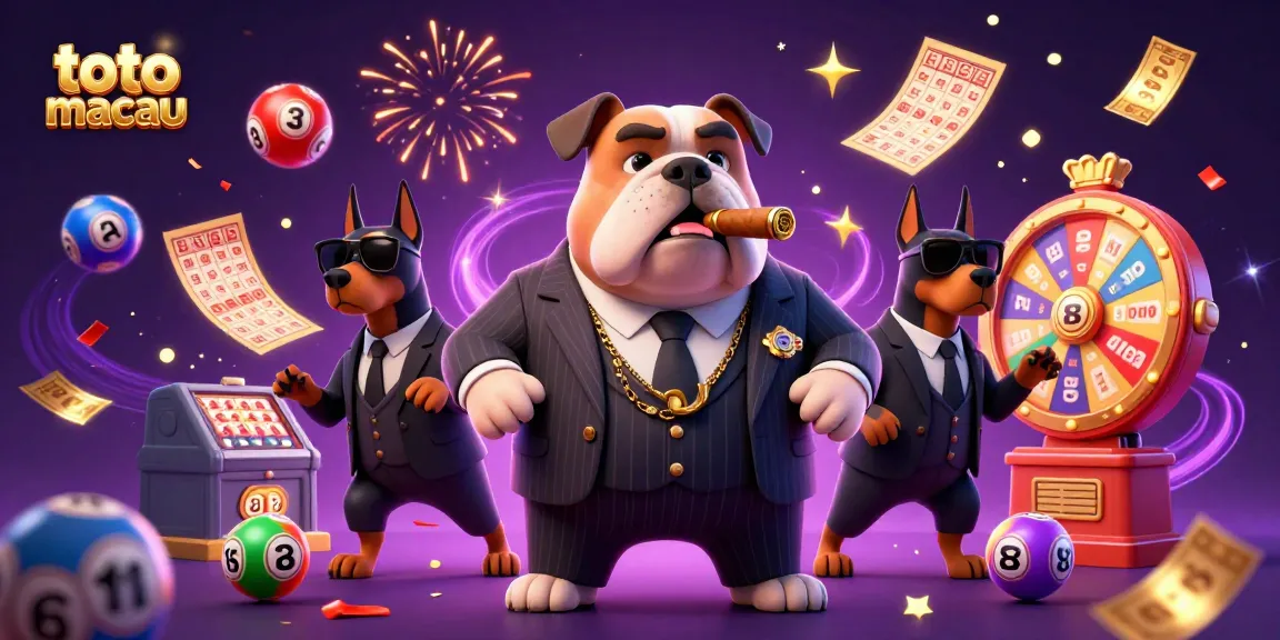 Menggambarkan toto macau dengan karakter mafia bulldog dan anjing doberman dalam suasana gembira, dengan bola lotere, kartu bingo, dan efek uang yang mengalir.