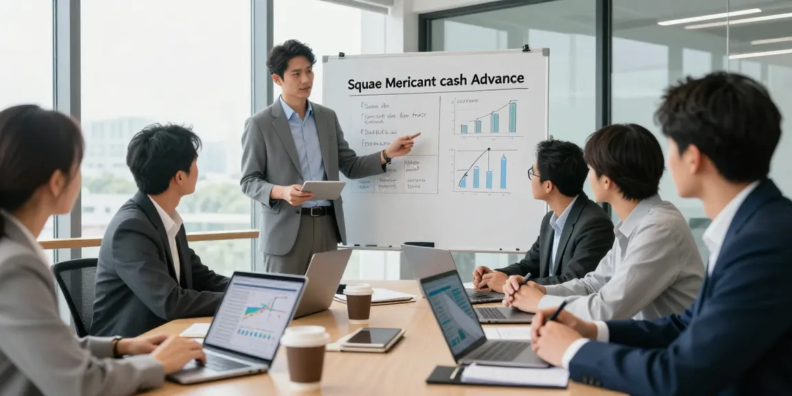 Business meeting discussing Square merchant cash advance strategies with laptops and financial data.