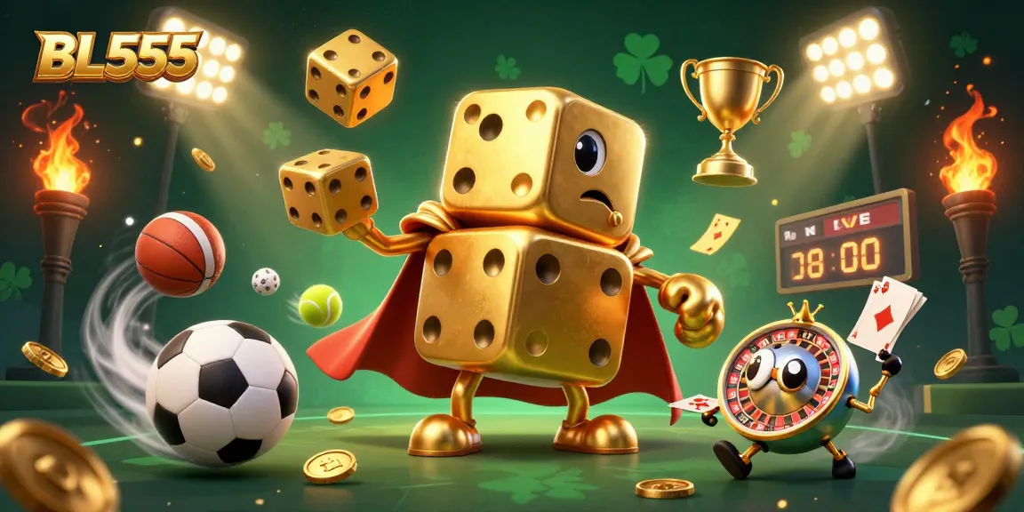 Experience thrilling bets with BL555 in an ultra-detailed 3D casino scene filled with playful golden dice and sports elements.