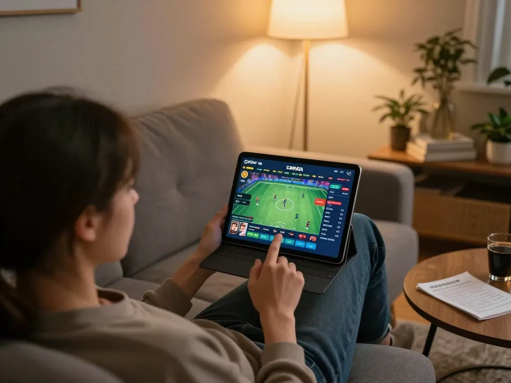 Cakhia user actively engaging in online sports betting from home with warm ambiance