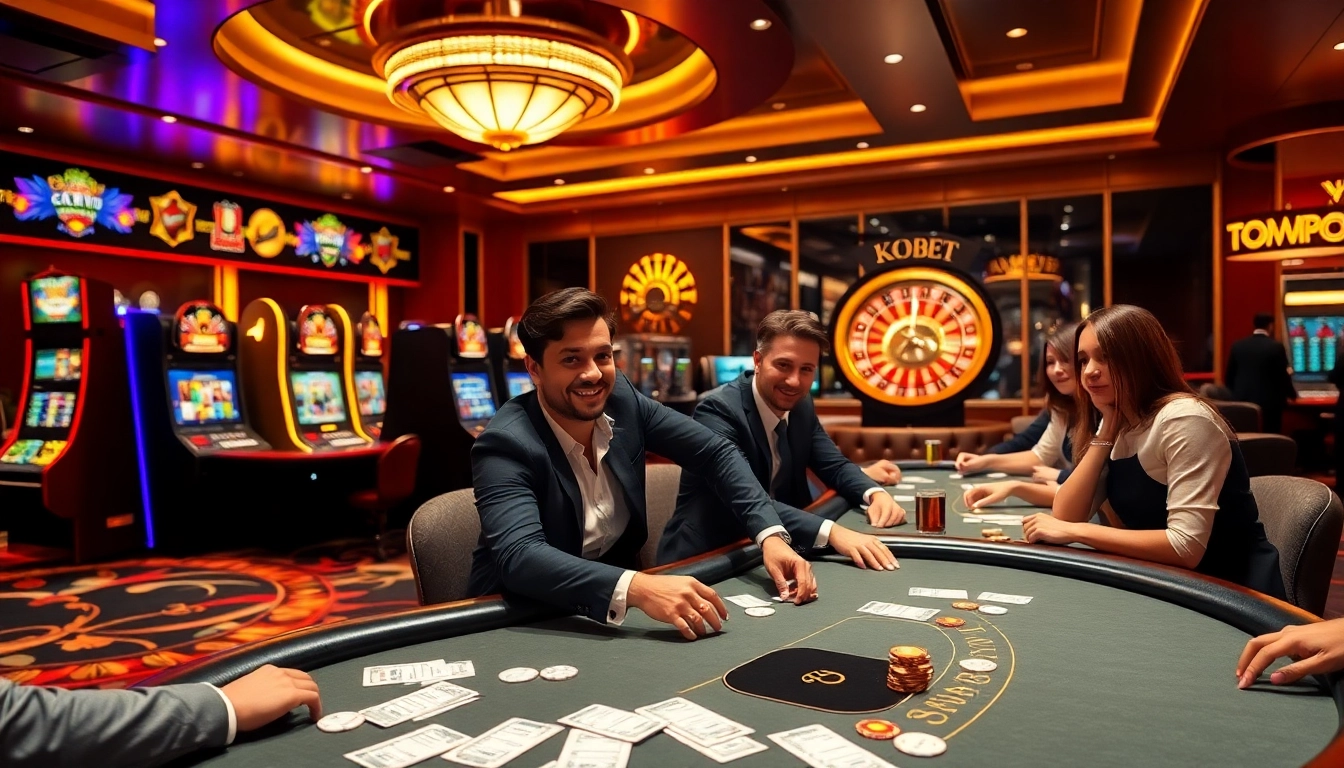Kubet players enjoying an exciting blackjack game in a vibrant, luxurious casino environment.