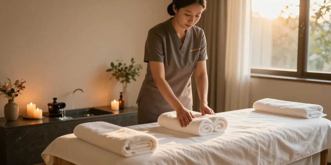 신촌출장마사지 therapist preparing a tranquil spa room with essential oils and calming decor for a relaxing session.