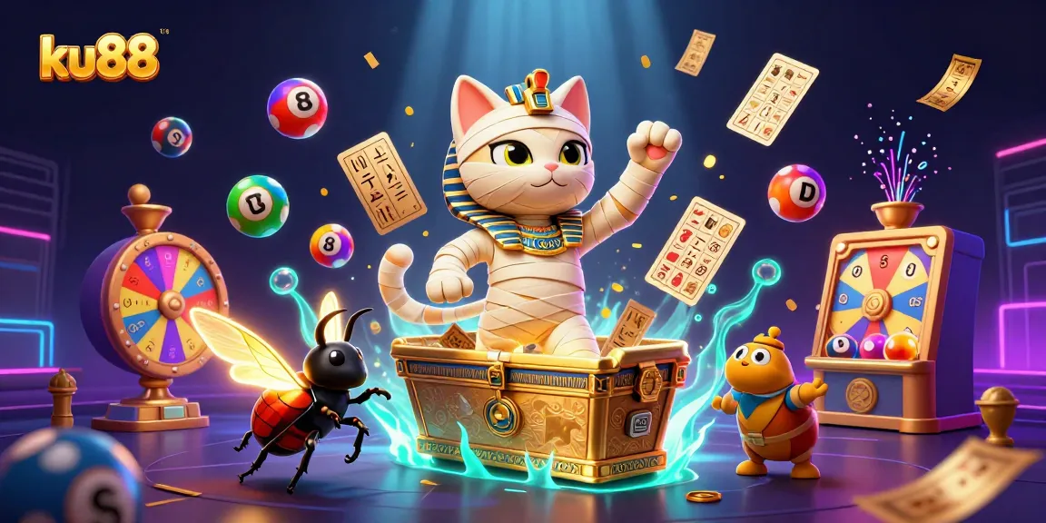 ku88 showcases a vibrant pyramid casino scene with a mummy cat and gaming elements.