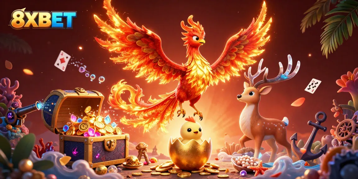 Cry for wealth at 8XBET as a phoenix rises, surrounded by treasures and vibrant casino elements.
