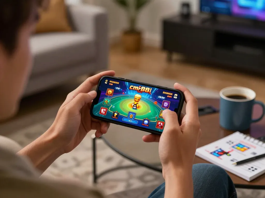 Player enjoying a thrilling cm 88 online gaming experience on a smartphone with strategy notes nearby.