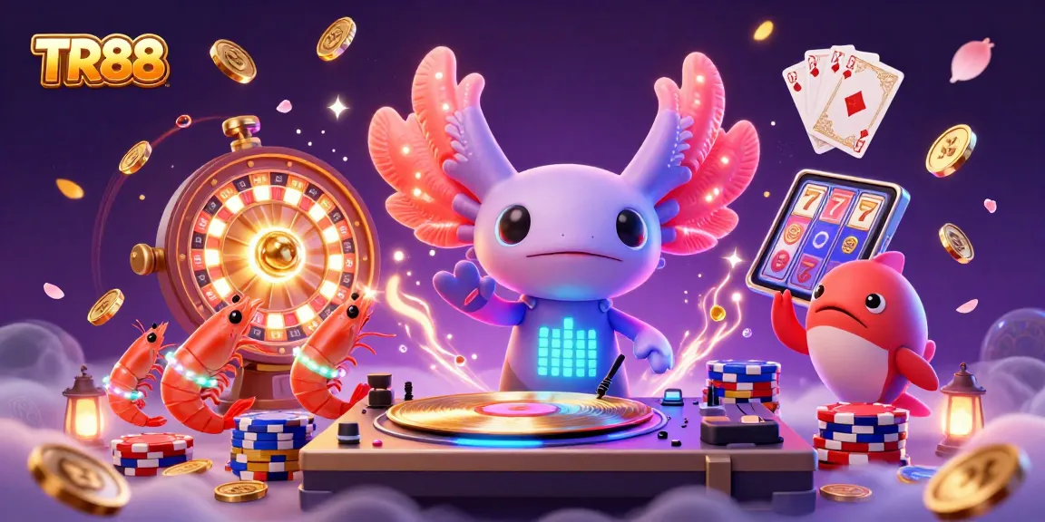 Experience the lively TR88 casino atmosphere with an axolotl DJ, shrimp dancers, and vibrant gaming elements.