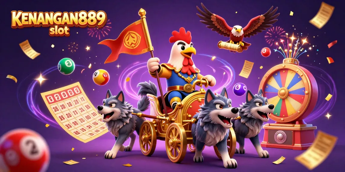 Engage with KENANGAN889 slot in a vibrant scene featuring a rooster warlord and dynamic casino elements.