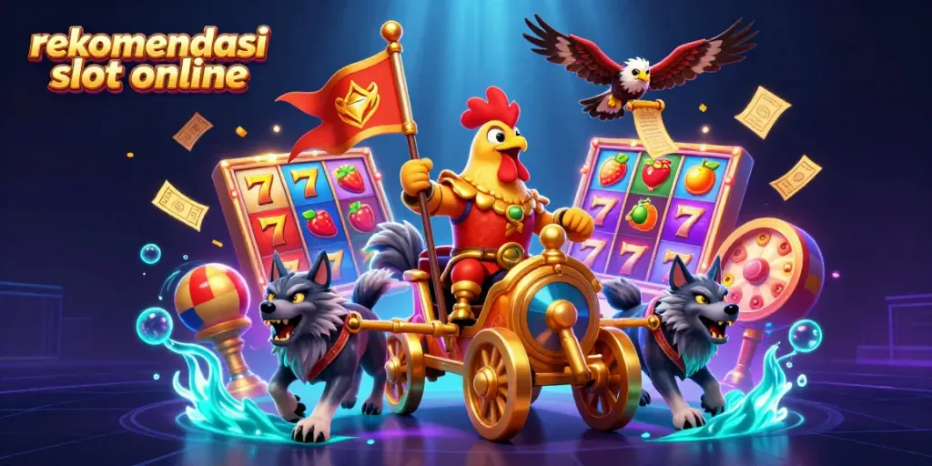 Rekomendasi slot online dengan ilustrasi kasino yang menarik dan berenergi.