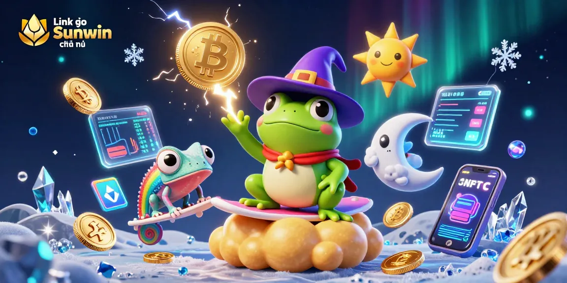Engage with Link vào Sunwin chính thức as a wizard frog conjures coins amidst vibrant casino elements.