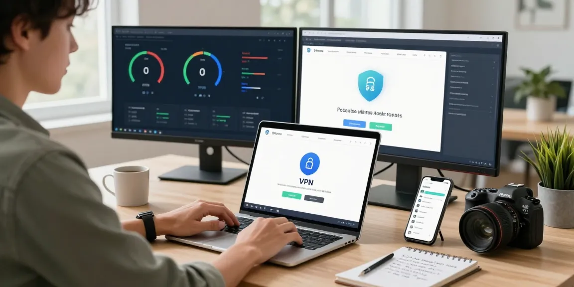 快连 VPN 界面在現代家庭辦公室的筆記型電腦上，重點關注安全性和連接性。