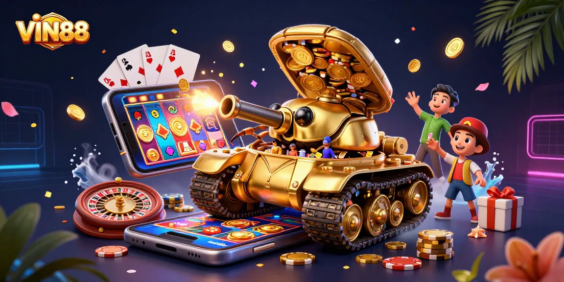 Experience the excitement of VIN88 with a dynamic 3D casino illustration featuring vibrant slot games and coins.