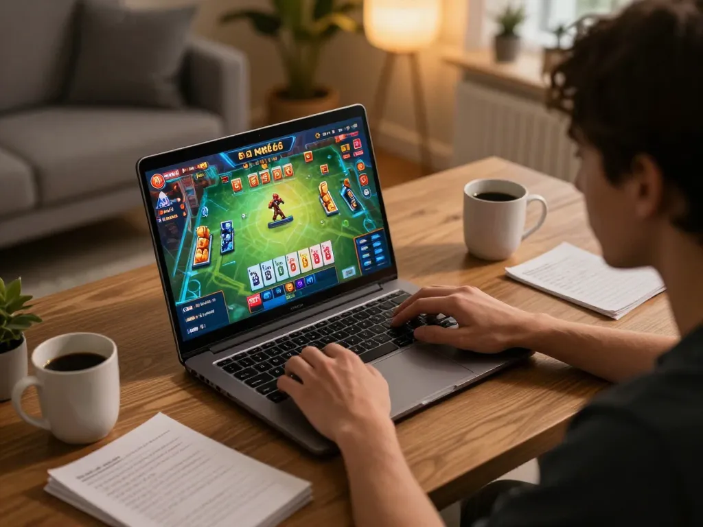 Engaging with the game bài mb66 on a laptop in a cozy gaming setup, emphasizing personal strategy and responsible gambling.