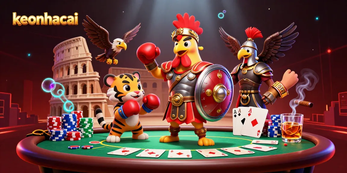 Experience the thrill of keonhacai with dynamic poker action amid vibrant 3D characters and casino elements.