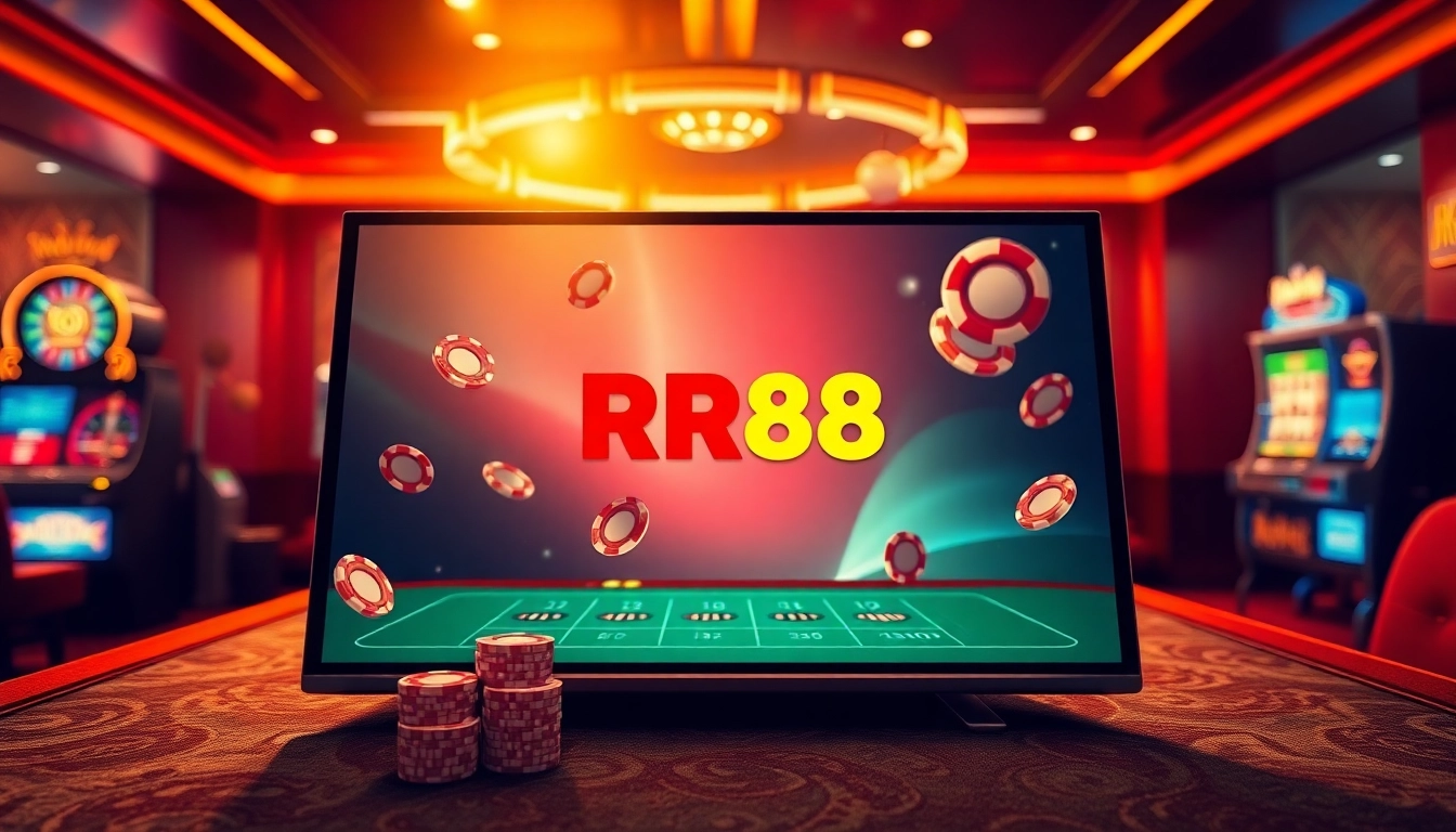 Players enjoying a virtual gambling experience with RR88, featuring poker chips and roulette wheels.