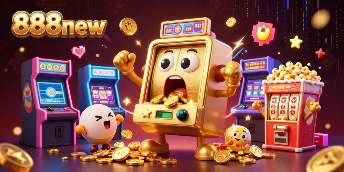 Experience the thrill of winning with 888new's animated scene of a golden slot machine hitting a jackpot amidst vibrant gaming elements.