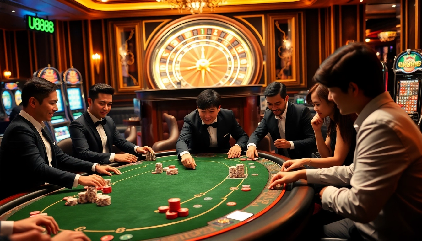High-stakes poker action at U888 casino, with vibrant chips and a roulette wheel in view.