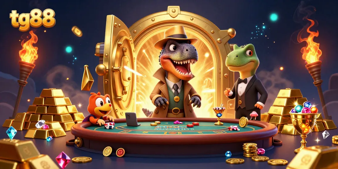 Get ready to enjoy tg88's thrilling blackjack scene with a sneaky velociraptor and a suspicious stegosaurus amid sparkling treasures.