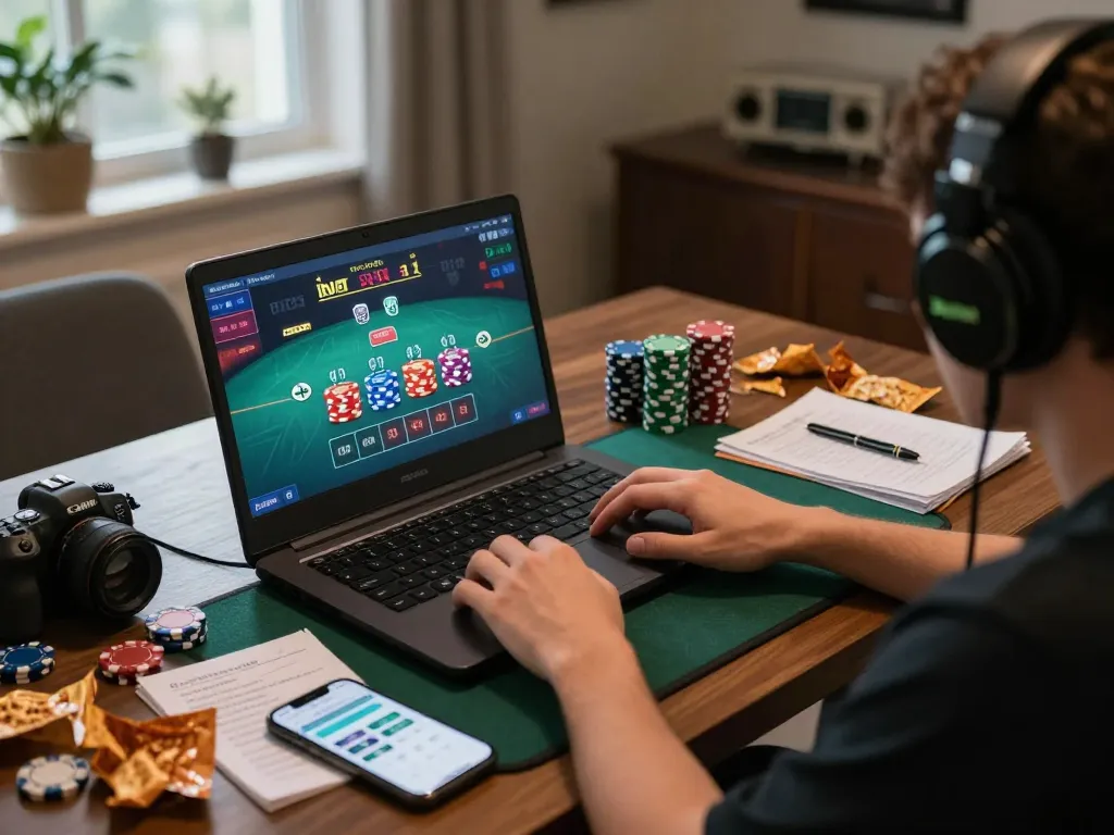 Engaging player experiencing live dealer poker at home, representing mm88's online gaming excitement and convenience.
