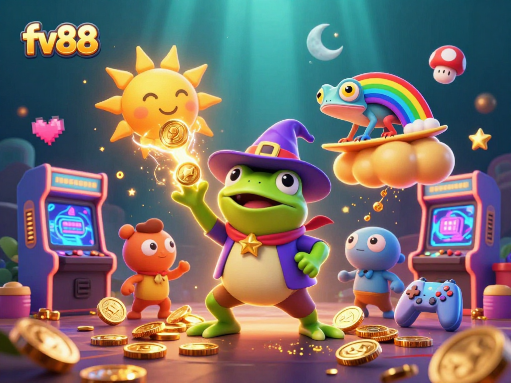 Experience excitement with fv88, showcasing a wizard frog amidst a treasure storm of golden coins.