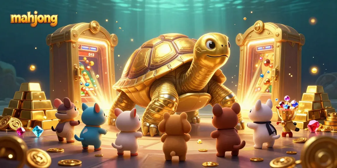 Experience thrilling mahjong gameplay with our whimsical tortoise and vibrant treasure scene.