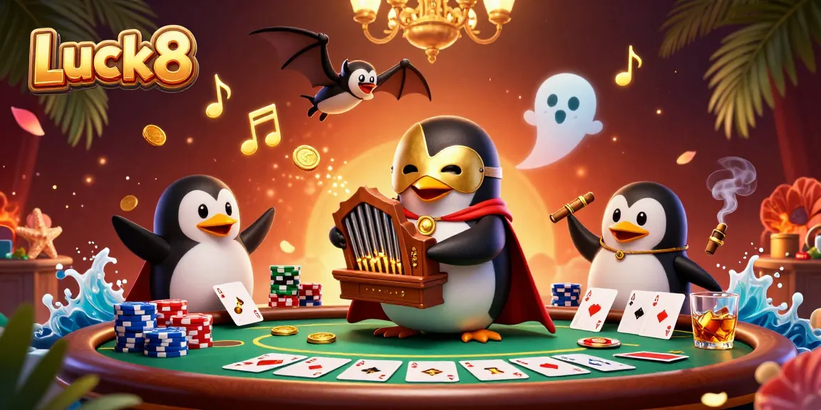 Luck8 penguin plays an organ, showering coins, amidst vibrant casino elements.