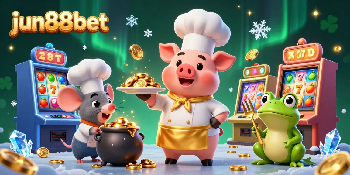Experience the excitement of jun88bet with our cartoon casino scene featuring a chef pig and gold games.