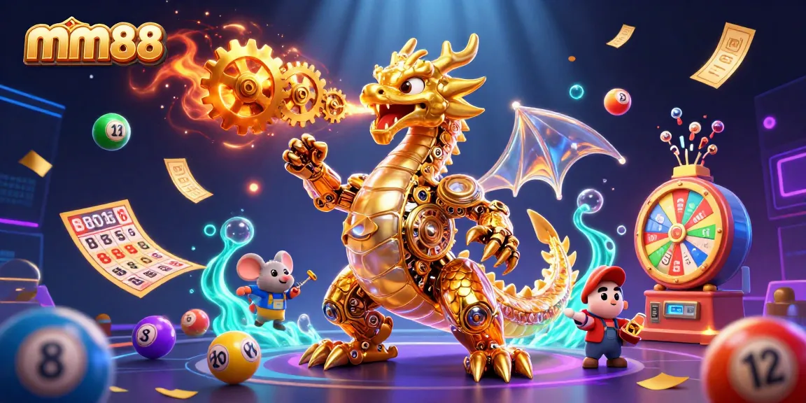 mm88 showcases an energetic scene with a golden dragon and colorful lottery elements, providing a thrilling gambling experience