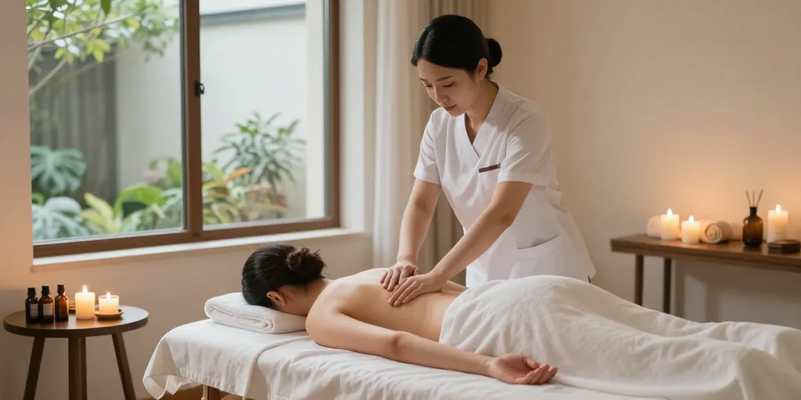 스웨디시 마사지 중인 전문 관리사와 편안한 마사지 룸