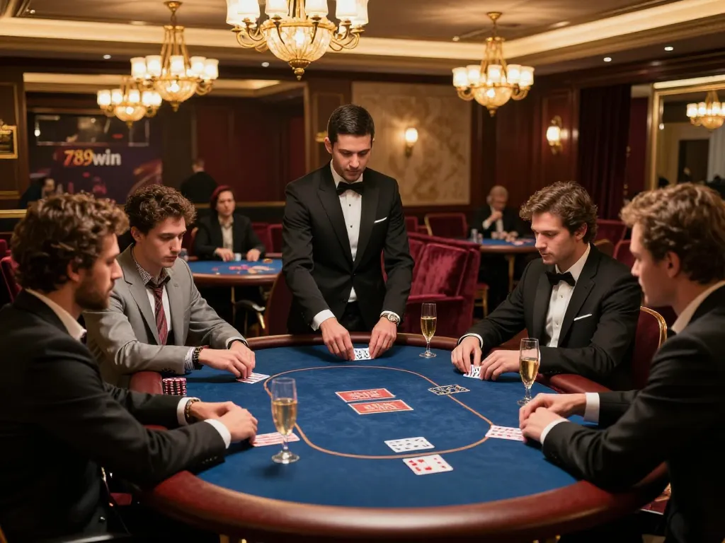 Play high-stakes poker at 789win's luxurious VIP gaming room featuring a stylish poker table.