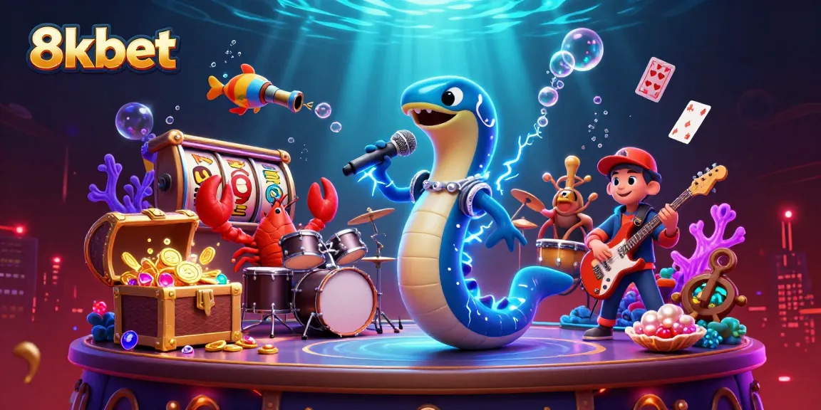 Engage with 8kbet through vibrant underwater casino entertainment featuring characters and game elements.