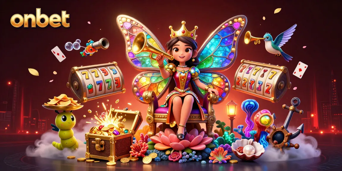Engage in thrilling onbet gameplay with a vibrant, colorful 3D casino scene filled with excitement.