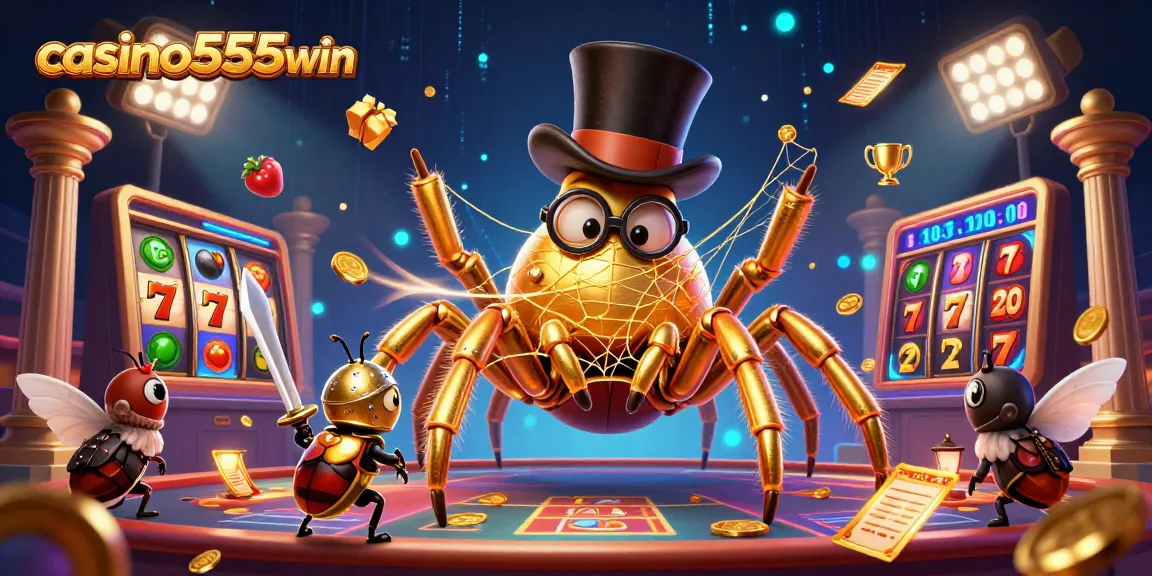 Experience thrilling wins at casino555win with a vibrant, 3D casino-themed illustration.