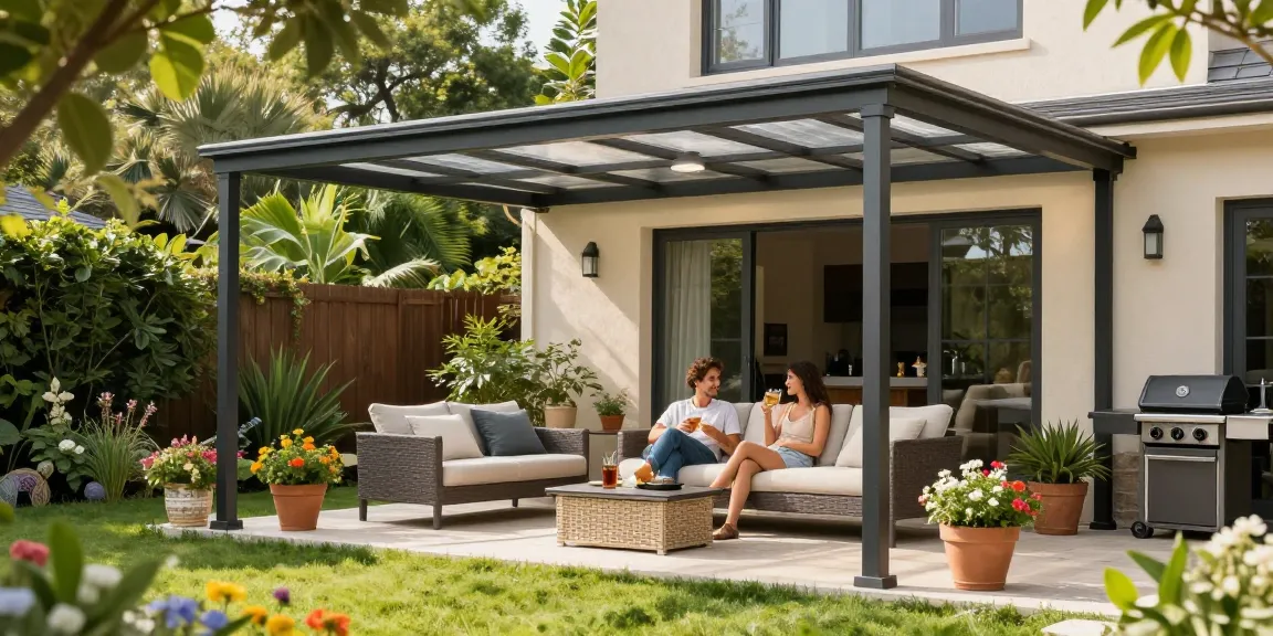 Freistehende Terrassenüberdachung im Garten mit einem entspannenden Paar in komfortabler Atmosphäre.