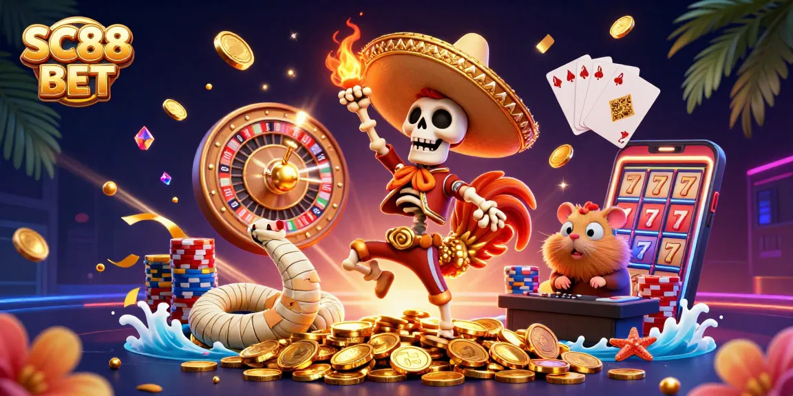 Experience winning excitement with SC88 BET featuring animated characters in a vibrant casino scene.