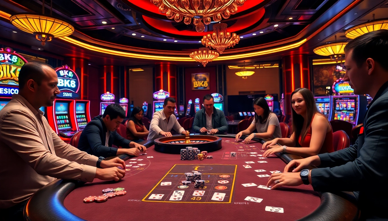 Players enjoying high-stakes action at a BK8 casino table with vibrant chips and roulette wheel.