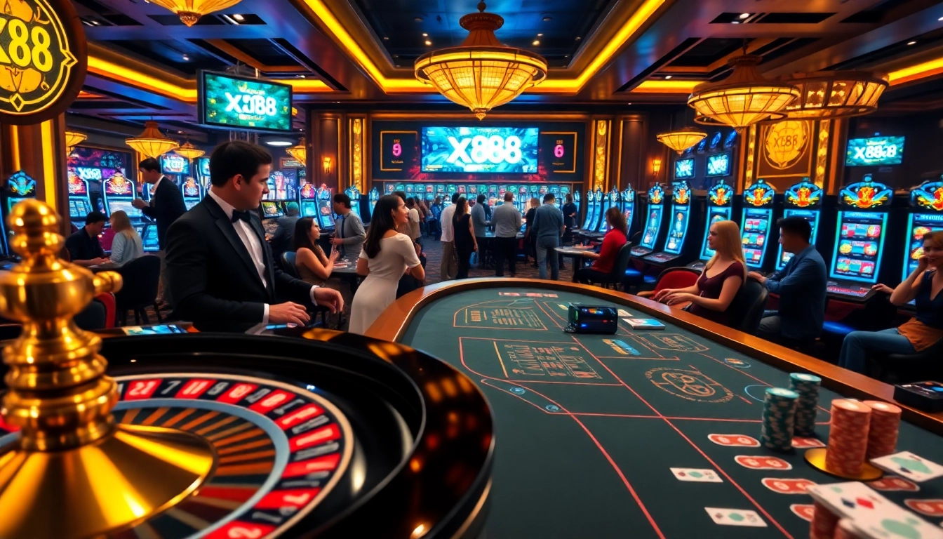 Experience thrilling gambling at xx88 with vibrant casino tables and roulette wheel.