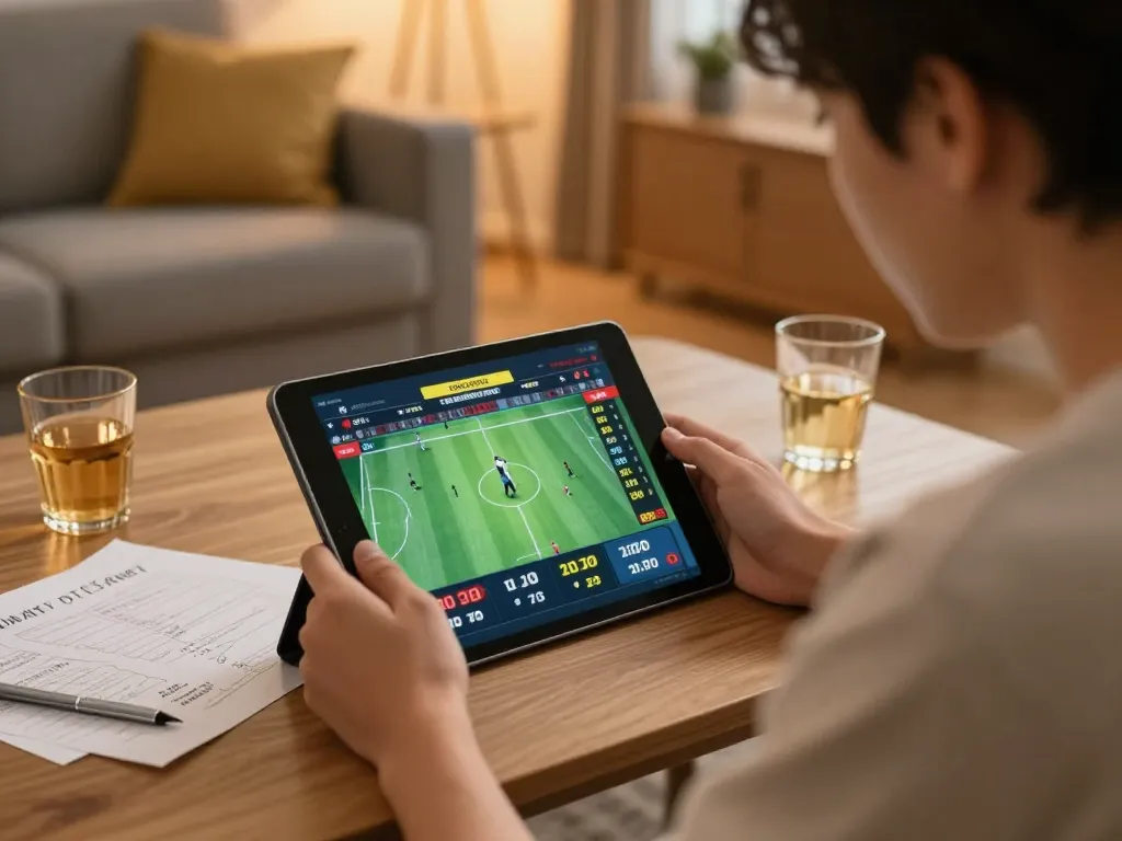 Engaging in online sports betting using a tablet at home, showcasing 7m-7m odds.