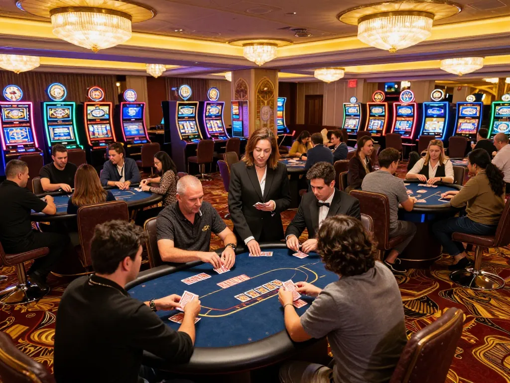 Engaging gameplay at luck8com with players at poker tables in a vibrant casino setting.