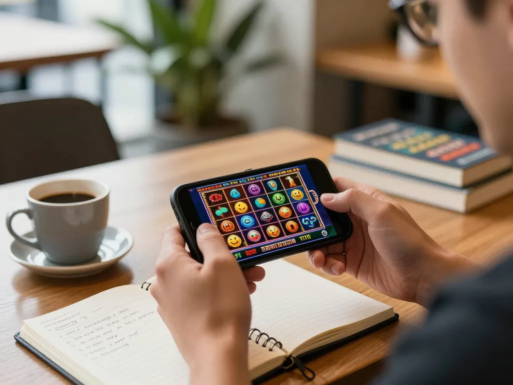 RR88 player enjoying an online slots game on smartphone with vibrant graphics and winning symbols