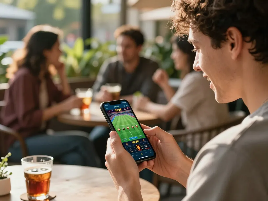 Betting on SC88 app at a cafe while enjoying the outdoors with friends.